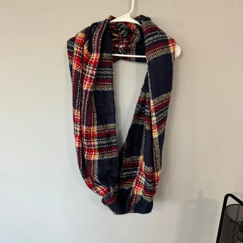 Vintage Blue Red Plaid White Yellow Infinity Scarf Cowl Neck 100% Acrylic Winter